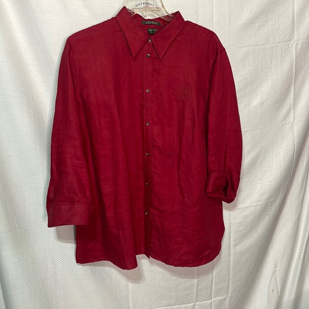 Ralph Lauren 2x deep red 💯 linen button down 3/4 sleeve blouse euc washable